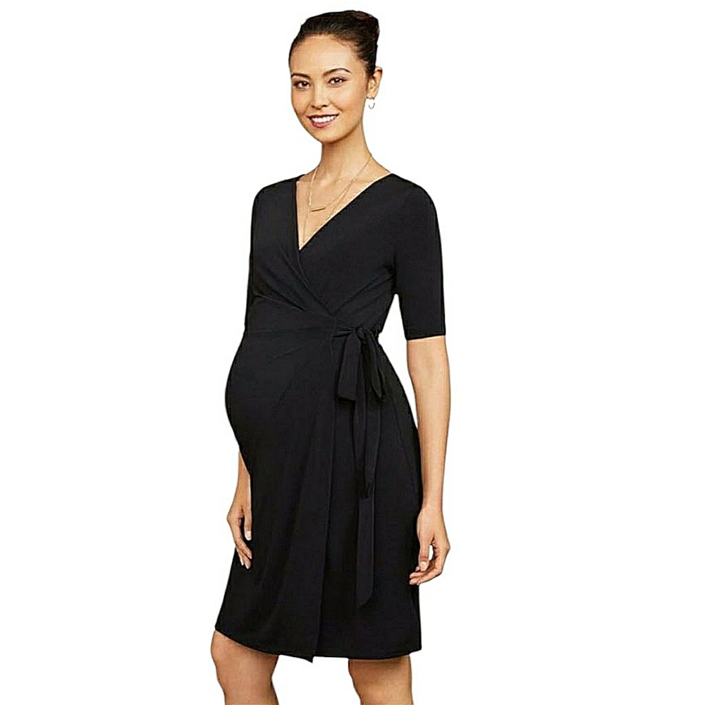 Motherhood Maternity Black Wrap Midi Dress V-neck Tie Waist Elbow Sleeve Cotton